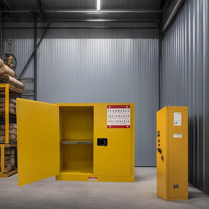Flammable Safety Cabinet, 43" W x 18" D x 44" H, Suitable for Storing up to 30 Gallons, Cold-Rolled Steel fire Resistant Cabinet with Adjustable Shelves, 2 Manual Closing Doors for Industrial Use