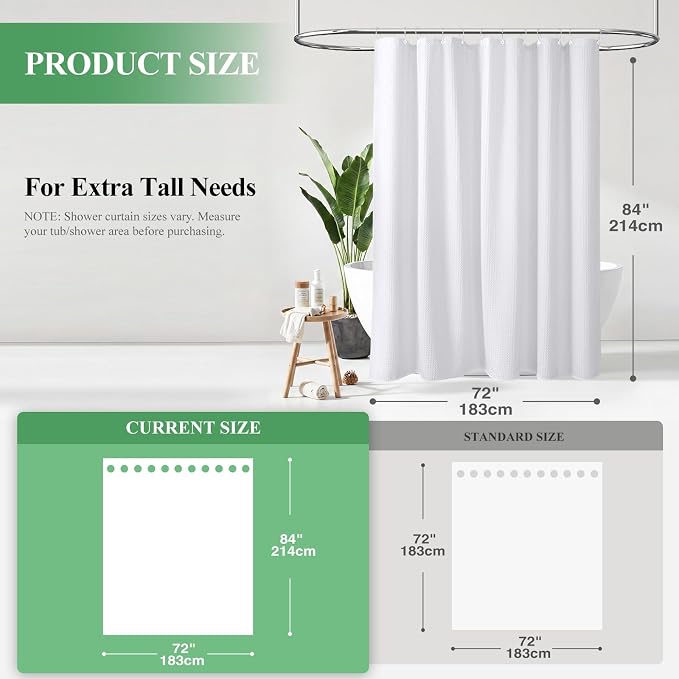 Dynamene Extra Long Waffle Shower Curtain 256 GSM Fabric 72"x84" White - Image 2