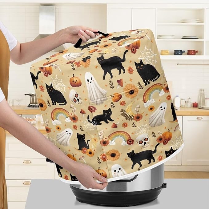 Halloween Theme Kitchen Appliance Protector Cover Bag 8 Quart Pressure Cooker/Air Fryer/Rice Cooker Dust Cover with Top Handle and Storage Pocket Black Cat Ghost Print