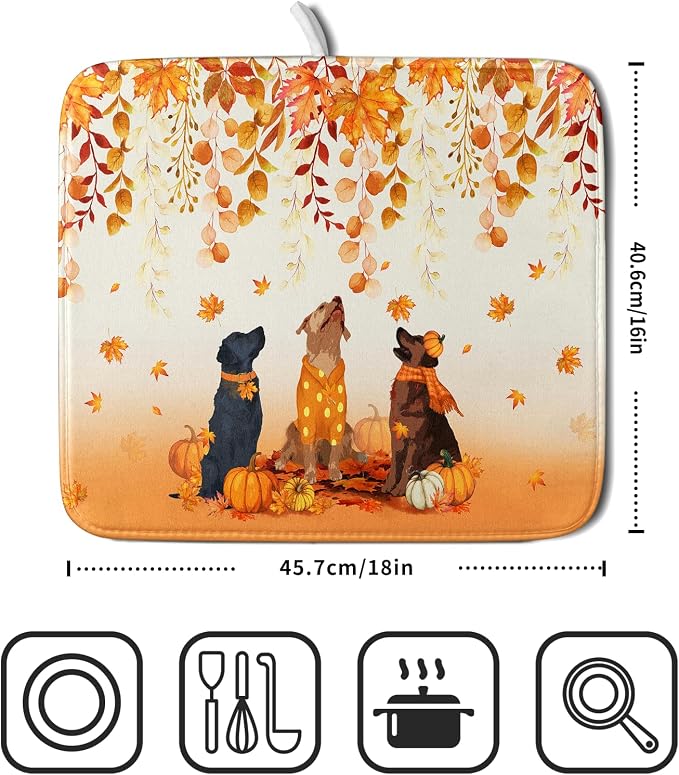 Giwawa Fall Dogs Dish Drying Mat Autumn Leaves Reusable Dishes Pad 16"x18" - Image 2