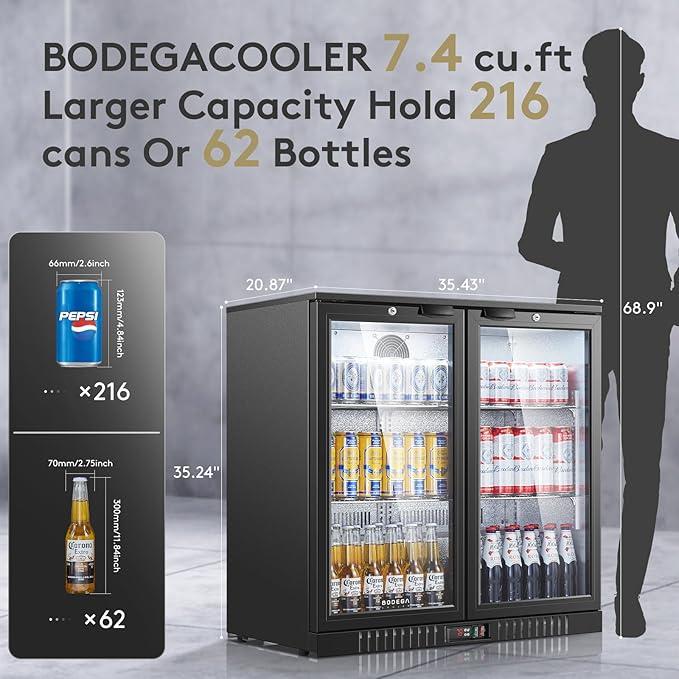 BODEGACOOLER Back Bar Cooler with 2 Doors Under Counter ,7.4cu.ft Glass Door Bar Refrigerator with LED Lighting,Black Bar Cooler,Built-In or Under Counter Freestanding Hold 68 bottles or 220 cans