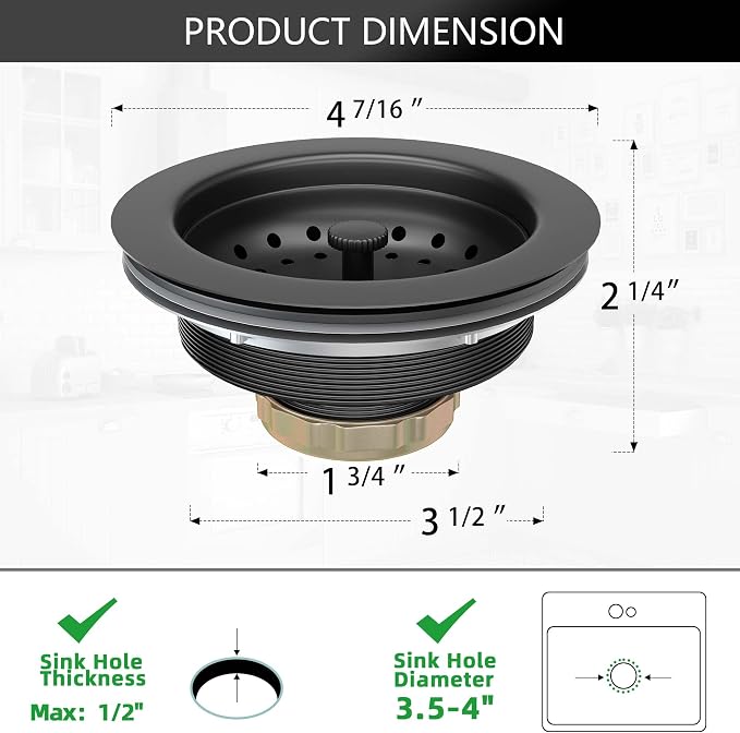 Black Sink Drain 3-1/2 Inch Matte Black Kitchen Sink Drain Strainer Assembly Kit - Image 9