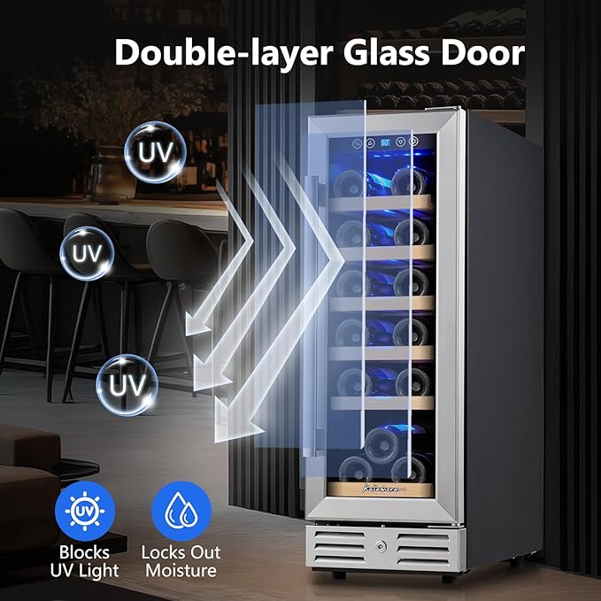 Kalamera Wine Fridge 18 Bottle - 12 inch Mini Cooler Refrigerator, Built-in or Freestanding, with Stainless Steel & Double-Layer Tempered Glass Door, and Temperature Memory Function