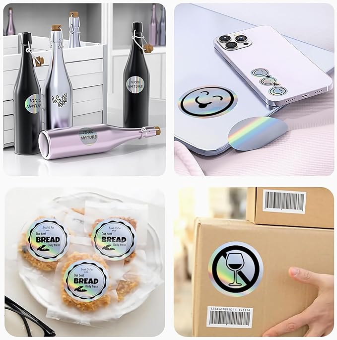 MFLABEL 2" Round Holographic Thermal Labels - 400pcs Silver Waterproof Sticker Roll for Small Business Logo, Compatible with MUNBYN/Rollo/Phomemo (Not for Dymo/Brother)