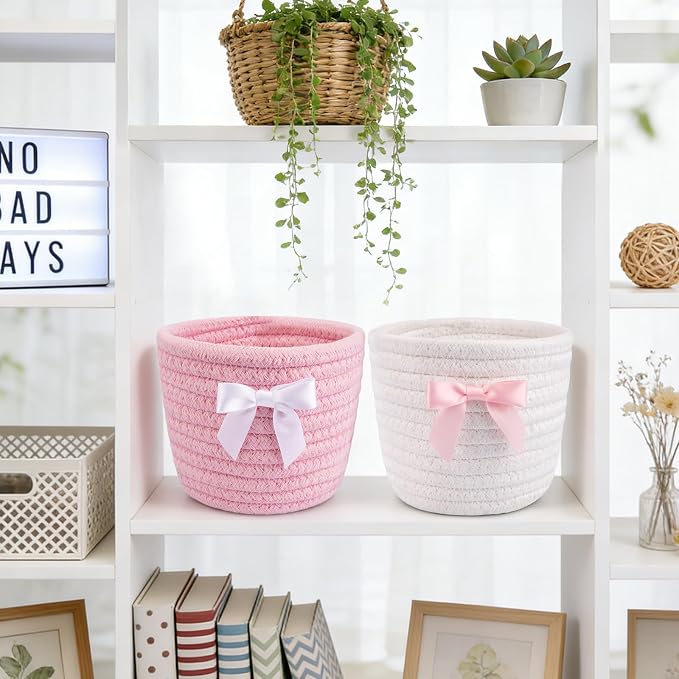 2 Pack Bow Makeup Brush Holder- Mini Woven Cotton Rope Small Oval Basket - Image 4
