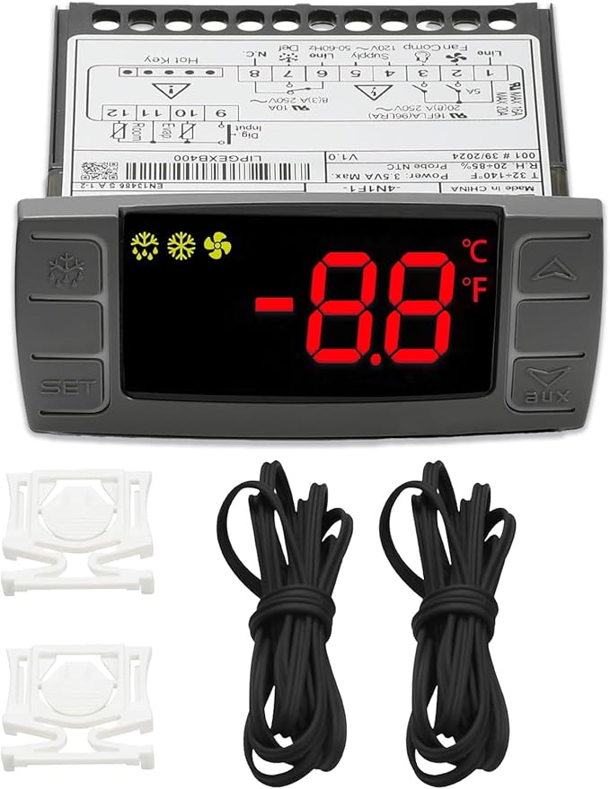 Replacement for Dixell XR06CX-4N1F1 Temperature Controller, Fit for 120V 50-60Hz Commercial Refrigerators/Freezerwith Temperature Sensor Probes & Clasp