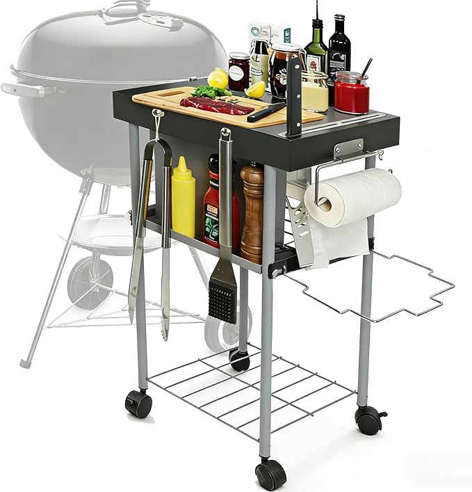 Rolling Grill Side Table Cart for 18"/22" Weber Charcoal Kettle Grills - Outdoor Prep Stand with Wheels, Mesh Storage Racks for Backyard BBQ, Camping, Parties