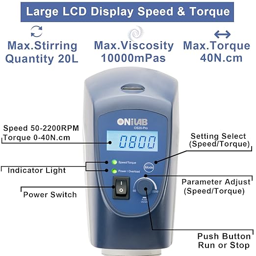 ONiLAB Electric Overhead Stirrer, LCD Digital Overhead Stirrer Mixer with Stirring Rod and Stand，Powerful 20L ，10000 mPas ， 50~2200RPM （Stand Included), Dark Blue