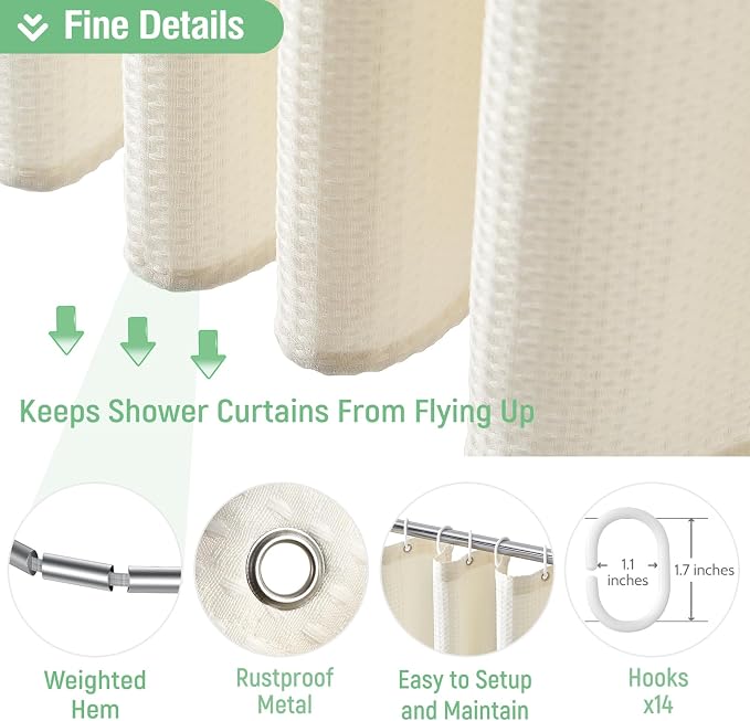 Dynamene Extra Wide Waffle Shower Curtain 256 GSM Fabric 84x72 Cream/Ivory - Image 5