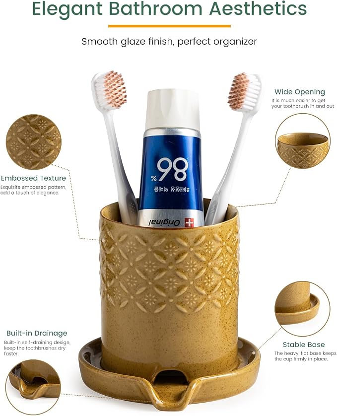 Zoeeker Toothbrush Holder with Drainage, Ceramic Toothbrush Holders Set | - Image 3