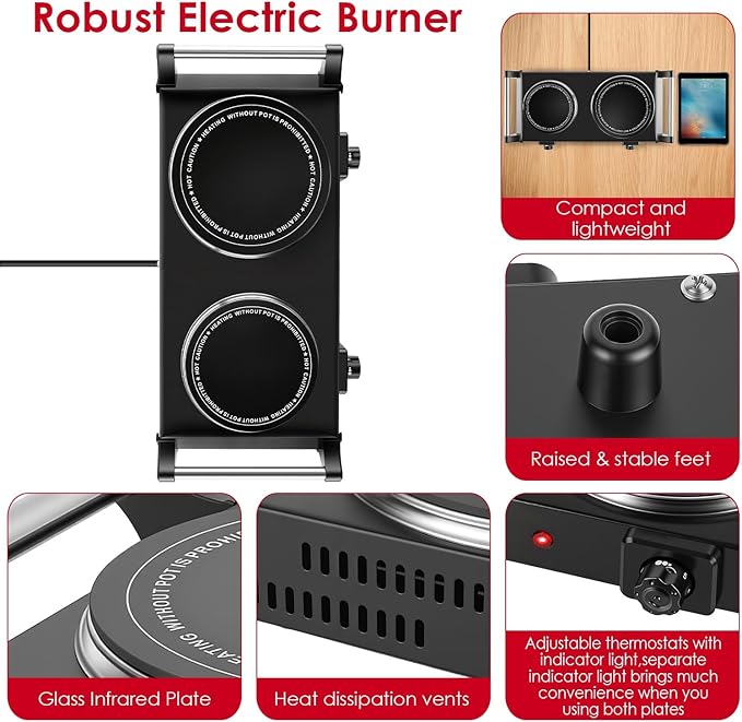 1800W Electric Double Burner, Portable Electric Stove, Hot Plate Countertop with Adjustable Temperature & Stay Cool Handles for RV Camping Home Dorm