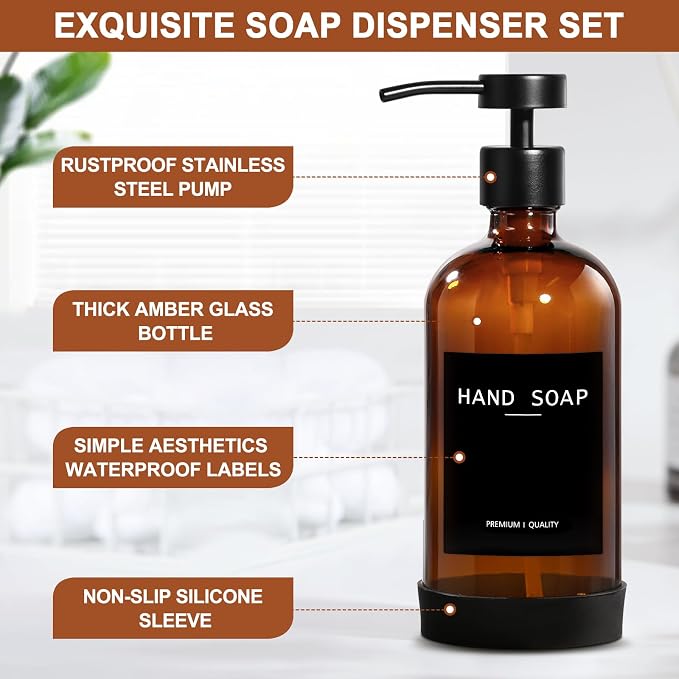 RYTOXILO Hand Soap Dispenser 2 Pack, Amber Glass Bathroom Soap Dispenser - Image 3