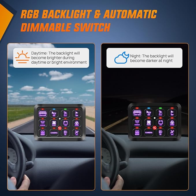 Nilight 12 Gang Switch Panel 12V 24V Universal Circuit Control Relay System with RGB Backlight Fuse Relay Wiring Harness Automatic Dimmable ON Off LED Switch Pod for Car Pickup Truck Camper SUV