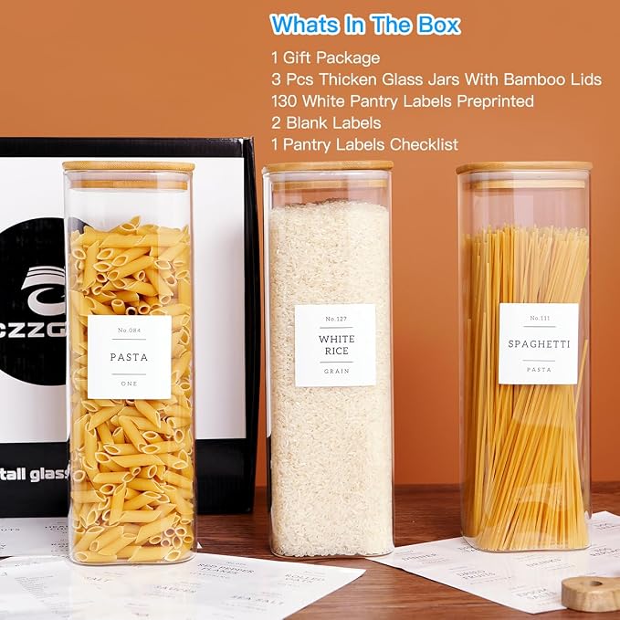 CZZGSM 3 Pack Square Kitchen Storage Jars - 80oz Glass Canisters with Wood Lids - Image 2