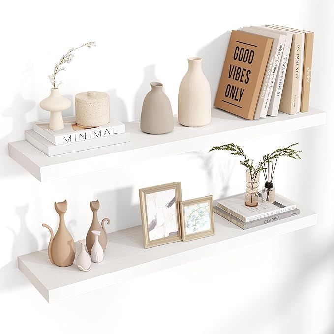 Floating Shelves for Wall 36"W x 7.8"D x 1.5"H, Engineered Wood Wall Shelves with Invisible Brackets for Living Room Bedroom Bathroom Office Kitchen Decor and Storage, White Finish, Set of 2