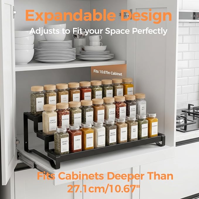 Spice Rack Organizer for Cabinet, 3-Tier Expandable 14.37"–26.02" Seasoning - Image 2