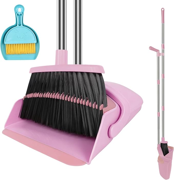 Pink Broom and Dustpan Combo Set, Kitchens & Tight Spaces, Built-in Comb Dustpan by UDUK
