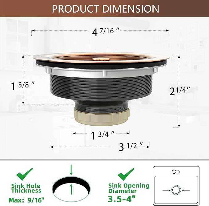 Kitchen Sink Drain Copper 3-1/2 Inch Stainless Steel Kitchen Drain Strainer - Image 5
