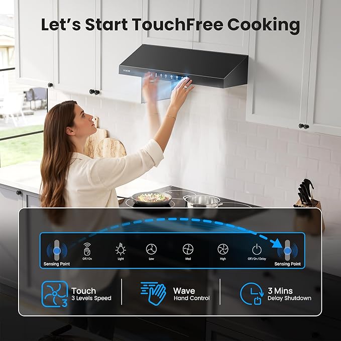 Range Hood 30 Inch Under Cabinet, 900CFM Stainless Steel Kitchen Stove Vent Hood, Touch/Gesture Control, 3 Speed Exhaust Fan, LED Lights, Reusable 5-Layer Aluminum Filters, Black