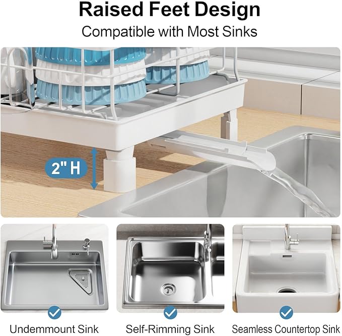 GSlife Expandable Dish Drying Rack for Kitchen Counter - Compact Rust-Resistant Dish Racks with and Cup Holder for Small Apartment, 12.2" W x 12"-19.5" L, White