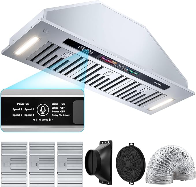 BRANO Range Hood Insert 36 Inch, 900 CFM Smart Voice/Gesture/Touch Control, 4 Speed Exhaust Fan, Stainless Steel Kitchen Hood with Charcoal Filter, Ducted/Ductless Convertible