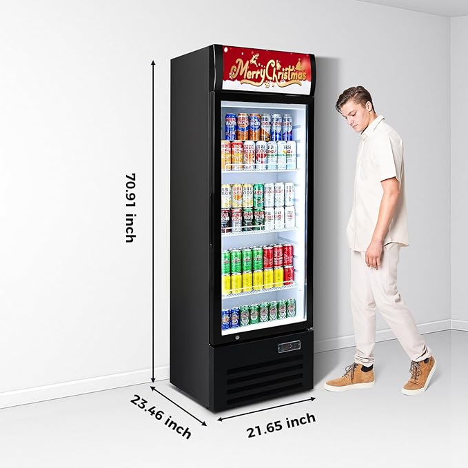 Commercial Refrigerators 9 Cu.Ft Upright Merchandiser Drink Cooler – Glass Door Beverage Fridge with LED Light, Adjustable Shelves, Lock Wheels – Display Refrigerator for Beer, Bar, Shop