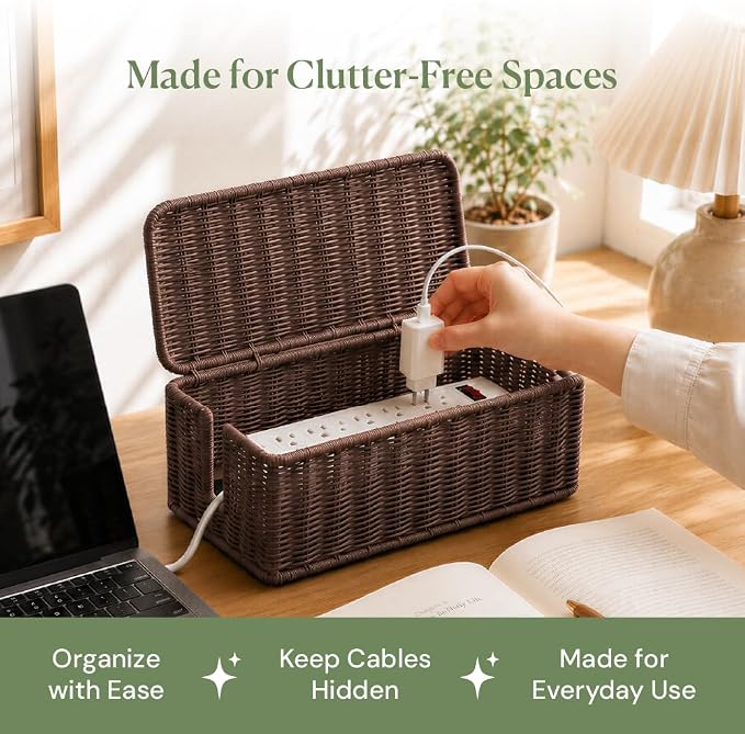 Cable Management Box, Handmade Rattan Cord Organizer - Image 9