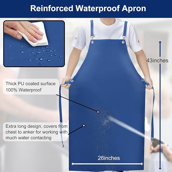 Heavy Duty Vinyl Industrial Anti-Tear Apron, 43" x 26" Waterproof, Chemical Resistant, Blue, Unisex-Adults