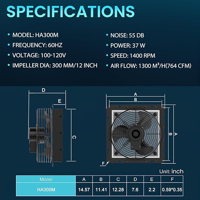 HG Power 12 Inch Shutter Exhaust Fan with Speed Controller, 764CFM High-Speed Vent Fan, 1400RPM Wall Mounted Attic Fan for Shed, Garage, Greenhouse Ventilation, Black