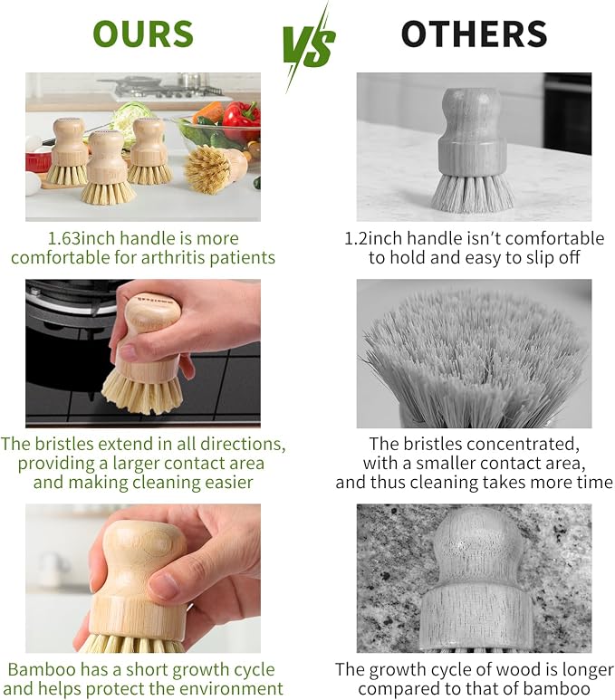 4 Pack Bamboo Dish Brush with Sisal Bristles - Image 3