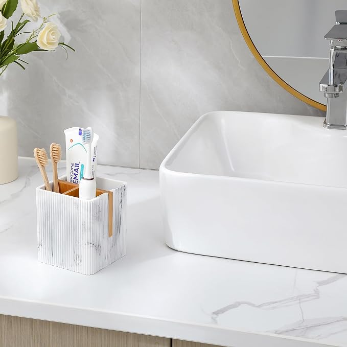 Toothbrush Holders for Bathroom, 3 Slots Toothbrush Organizer, Marble White | - Image 2