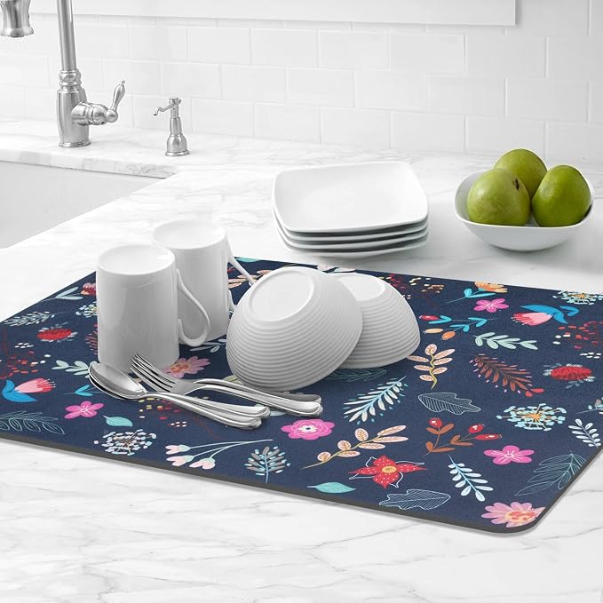 LOKHOM 18"x24" Dish Drying Mat，Colorful Floral Coffee Mat Blue | Colorful - Image 8