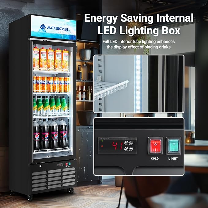 AAOBOSI Commercial Merchandiser Refrigerator,12.2Cu.Ft Glass Door Display Refrigerator,Upright Beverage Cooler Fridge with Soft LED Light, Customizable Lightbox,Universal Casters, Adjustable Shelves