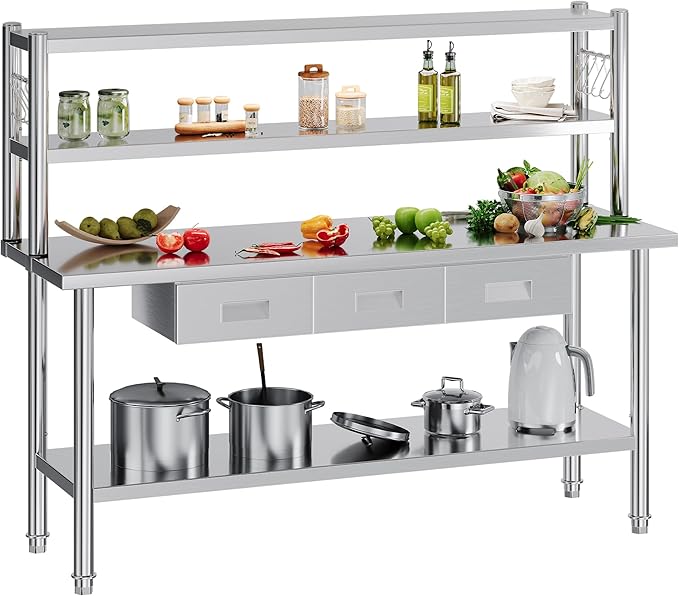 72"x24" Stainless Steel Work Table with Overshelves, 2/3 Drawers, Adjustable Shelf & Hooks, NSF-Certified Heavy-Duty Prep Station for Commercial Kitchen, Restaurant, or Garage