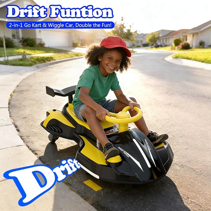 12V Electric Wiggle Car Ride On Toy, Swing Car with Pedal, for Kids from Ages 3 and Up, Birthday Gifts for Boys and Girls, Anti-Rollover, Flashing Wheels, Bluetooth (BlackYellow)