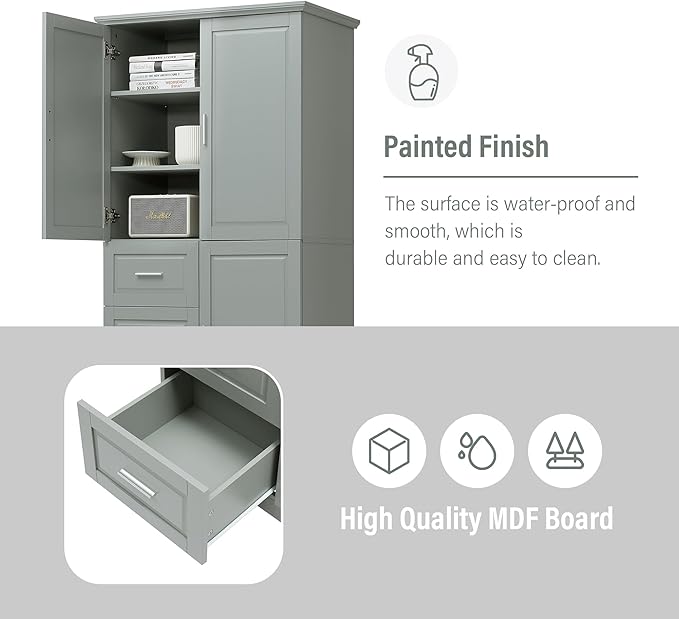 62.2" Wide Storage Cabinet Pantry Cupboard with Doors and Drawers for Home Kitchen, Bathroom and Living Room, Adjustable Shelf, White