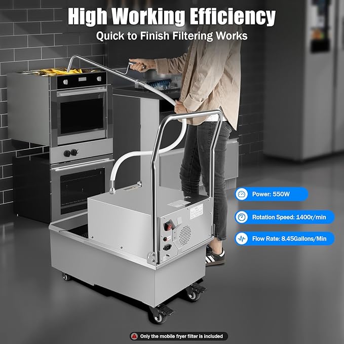 55 L /14.5 Gal Fryer Oil Filter Machine, 550W Mobile Commercial Oil Filtration System with Stainless Steel Cart, Cooking Oil Filter and Separator for Restaurant, Supermarket, Commercial Kitchen
