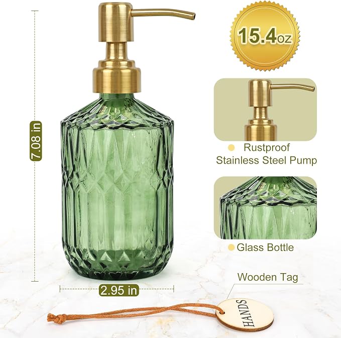 Green Glass Soap Dispenser, Kitchen Hand and Dish Soap Dispenser Set - Image 3