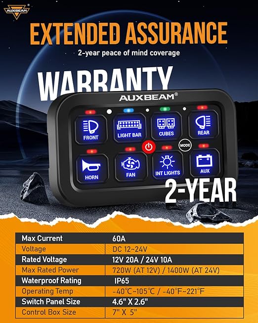 Auxbeam Switch Panel RB80 RGB 8 Gang Switch Panel Auto-Dimmable Multifunction Switch Panel w/Momentary Toggle Pulsed Memory, Aluminum Switch Panel for Truck Boat Car RV Waterproof, 2-Year Warranty