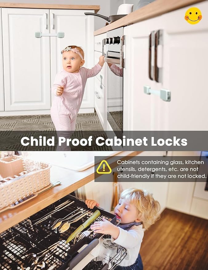 2 Pack Baby Proofing Safety Locks Child Safe for Cabinet Drawer Fridge Oven Dishwasher Doors, Toilet Seat & Lid, Adjustable Furniture Latches and Straps, 3M Adhesive No Drilling Button,Unlock Design