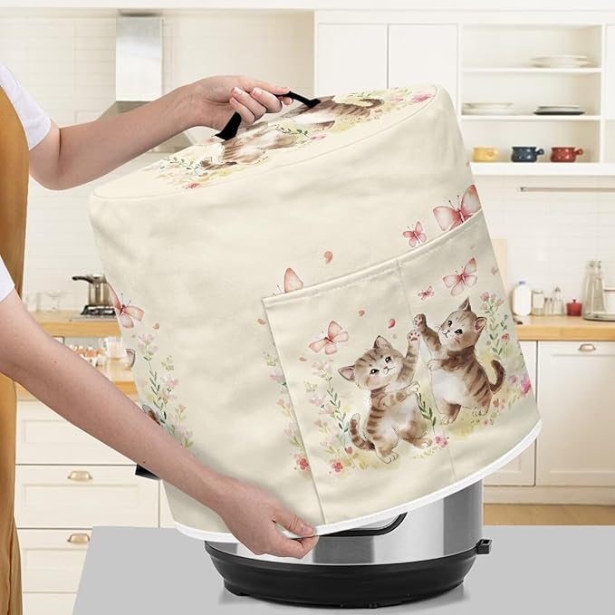 Xoenoiee Cute Cat Butterfly Floral Print Pressure Cooker Cover Kitchen Appliance Dust Cover with Pockets for Rice Cooker Air Fryer Slow Cooker, for 8 Qt Pot