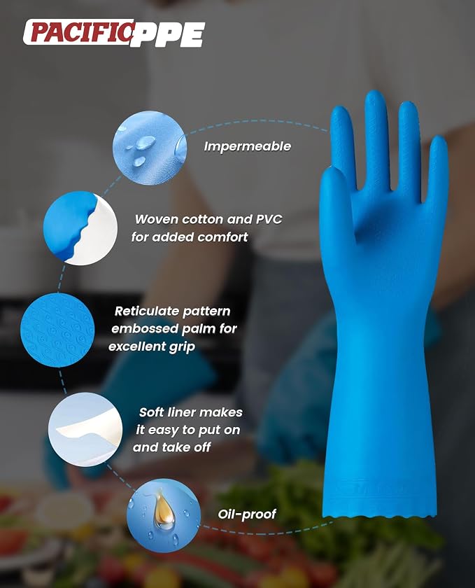 PACIFIC PPE 2 Pairs Dishwashing Gloves, Cotton Flocked Liner, Medium | - Image 3