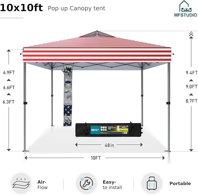 MFSTUDIO 10x10 Pop up Canopy Tent, Gazebo Shelter Sun Shade Canopies One Push Setup Portable Popup Easy Set up Tents with Vented Top,Storage,4 Sandbags,for Beach,Parties,Camping