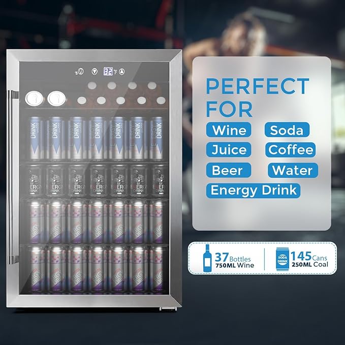 COWSAR 4.5 Cu.Ft Wine Fridge 37 Bottle, ETL Approved Freestanding Wine Cooler 145 Can Beverage Refrigerator with Stainless Steel Reversible Glass Door, Drink Fridge for Home Bar, Kitchen, Game Room