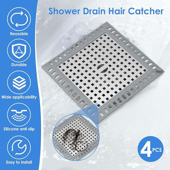 4 Pack Drain Hair Catcher, 4.8" Square Shower Drain Cover, 304 Stainless Steel - Image 3