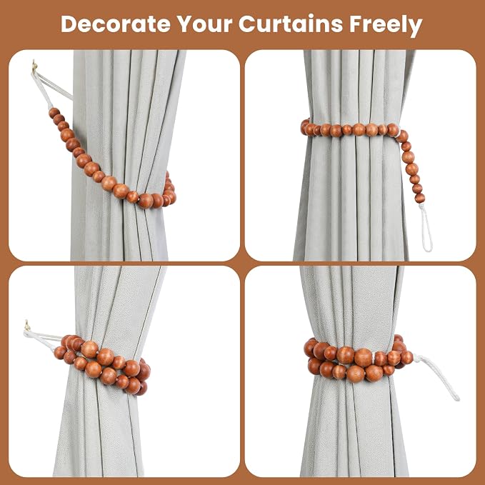 KLOGTSIND Wood Bead Curtain Tiebacks, 2 Pack Curtain Tie Backs - Image 3
