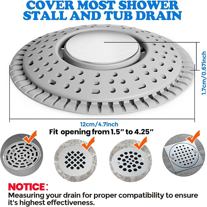 Shower Drain Hair Catcher Silicone Flat Floor Strainer Protector | 2 Pack Gray - Image 6