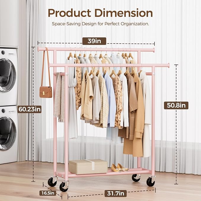 HYSEYY Clothes Rack, Double Rods Rolling Clothing Rack - Image 3