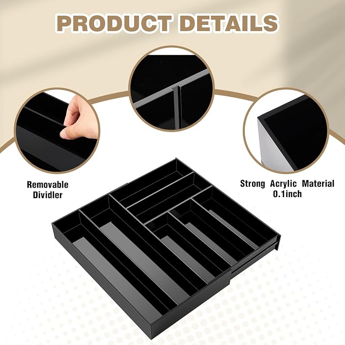 Briwooody Black Acrylic Drawer Organizer Expandable, 7 Compartments, Large | - Image 3