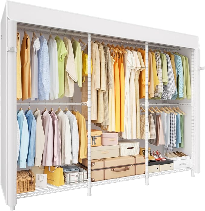 E14C Heavy Duty Closet Organizer System，Freestanding Clothing Racks for Hanging Clothes，Adjustable Garment Rack 70.1" W × 16.6" D × 76.4" H Hold 960 lbs，White Rack with White Dustproof Cover